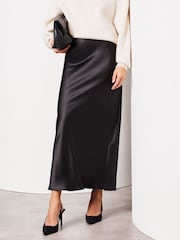 Lipsy Black Satin Petite Maxi Satin Skirt - Image 1 of 4