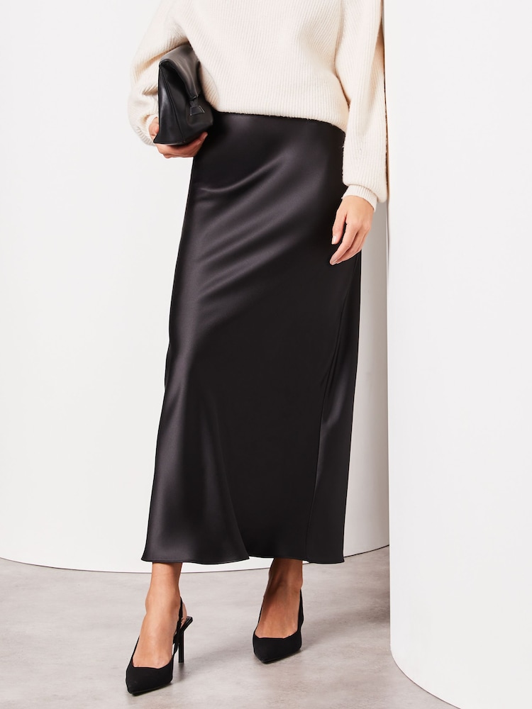 Lipsy Black Satin Petite Maxi Satin Skirt - Image 1 of 4