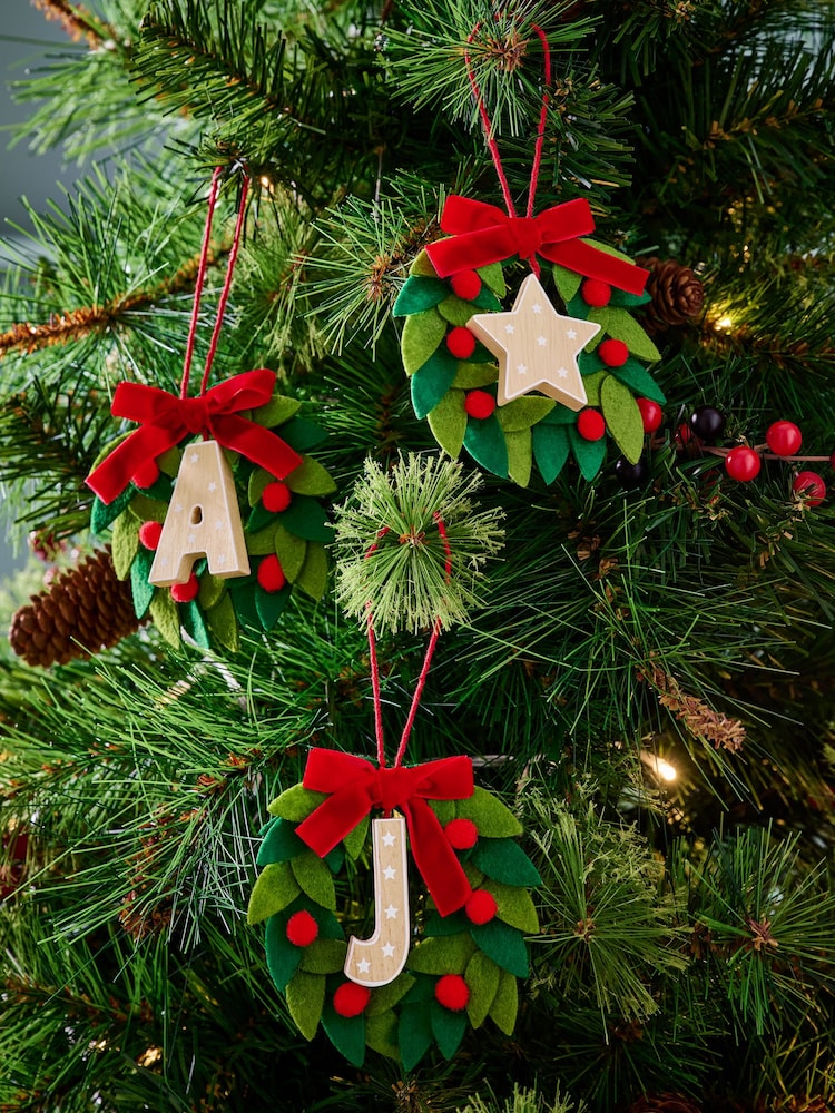 Set of 2 Green Wreath Alphabet letter and Star Christmas Baubles - Image 1 of 5