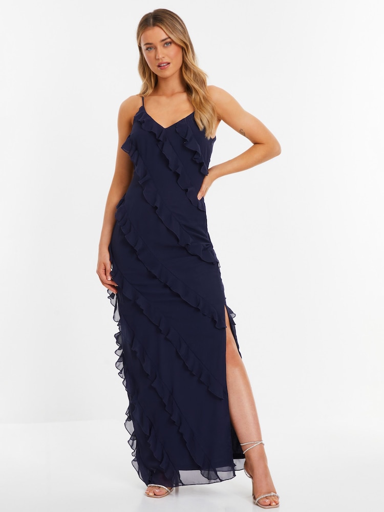 Quiz Blue Navy Chiffon Ruffle Maxi Dress - Image 1 of 5