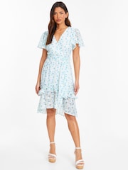 Quiz White Chiffon Ditsy Jacquard Skater Dress - Image 1 of 4