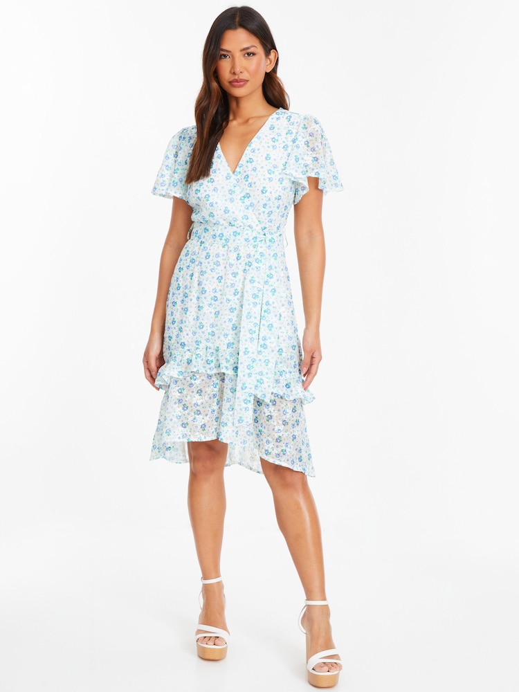 Quiz White Chiffon Ditsy Jacquard Skater Dress - Image 1 of 4
