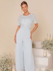 Quiz Blue Embellished Jumpsuit With Short Sleeve - Image 1 of 5