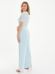 Quiz Blue Embellished Jumpsuit With Short Sleeve - Image 2 of 5