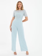 Quiz Blue Embellished Jumpsuit With Short Sleeve - Image 3 of 5