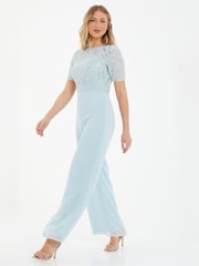 Quiz Blue Embellished Jumpsuit With Short Sleeve - Image 4 of 5