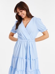 Quiz Blue Textured Woven Frill Detail Midi Dress - Image 1 of 4