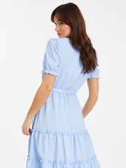 Quiz Blue Textured Woven Frill Detail Midi Dress - Image 2 of 4