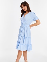 Quiz Blue Textured Woven Frill Detail Midi Dress - Image 3 of 4