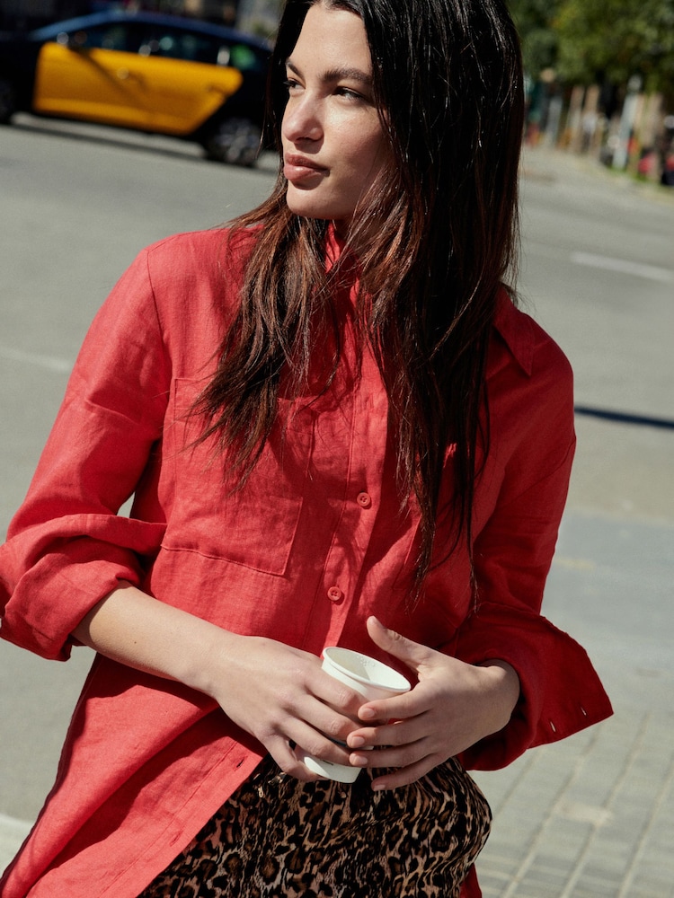Red 100% Linen Long Sleeve Shirt - Image 1 of 6