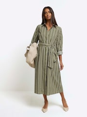 River Island Khaki 100% Cotton Balloon Stripe Midi Shirt Dress - Image 1 of 5