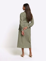 River Island Khaki 100% Cotton Balloon Stripe Midi Shirt Dress - Image 2 of 5