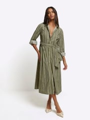 River Island Khaki 100% Cotton Balloon Stripe Midi Shirt Dress - Image 3 of 5