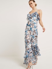 River Island Blue Ruffle Asymmetric Floral Dress - Image 1 of 6