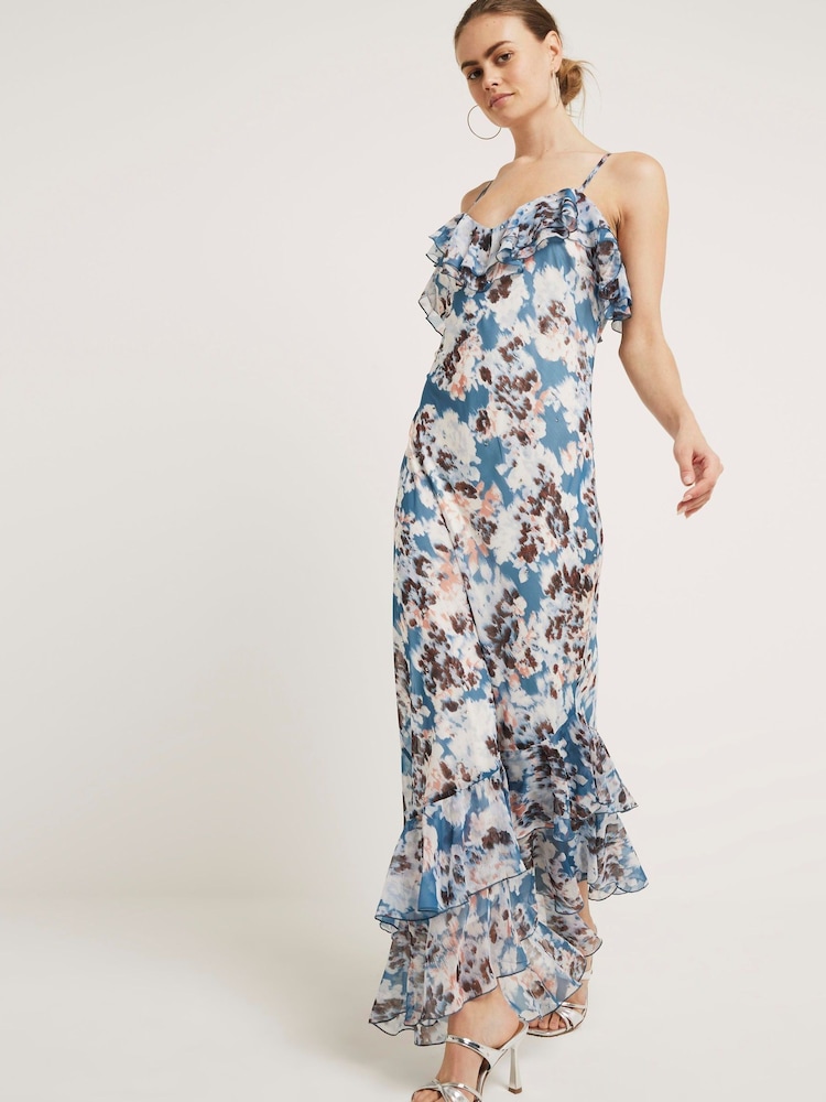River Island Blue Ruffle Asymmetric Floral Dress - Image 1 of 6