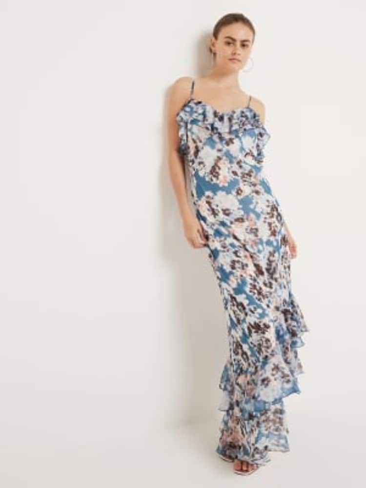 River Island Blue Ruffle Asymmetric Floral Dress - Image 2 of 6