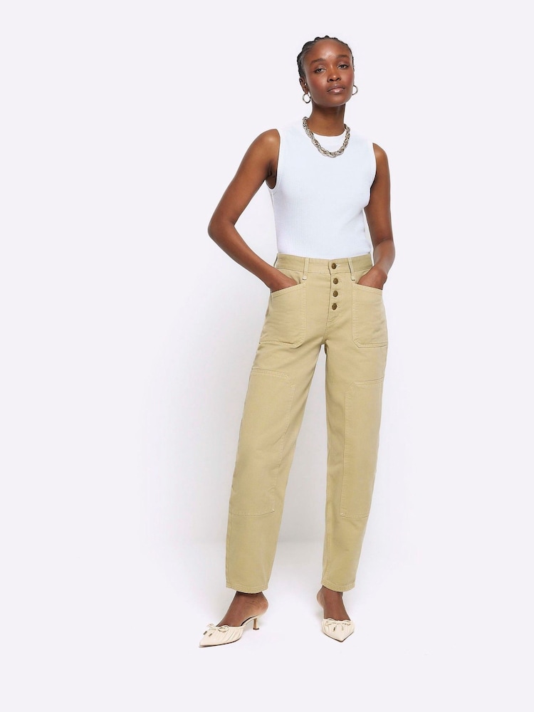 River Island Light Khaki Mid Rise Tapered Barrel Jeans - Image 1 of 5