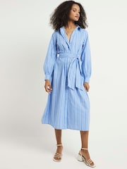 River Island Blue 100% Cotton Balloon Stripe Midi Shirt Dress - Image 1 of 6