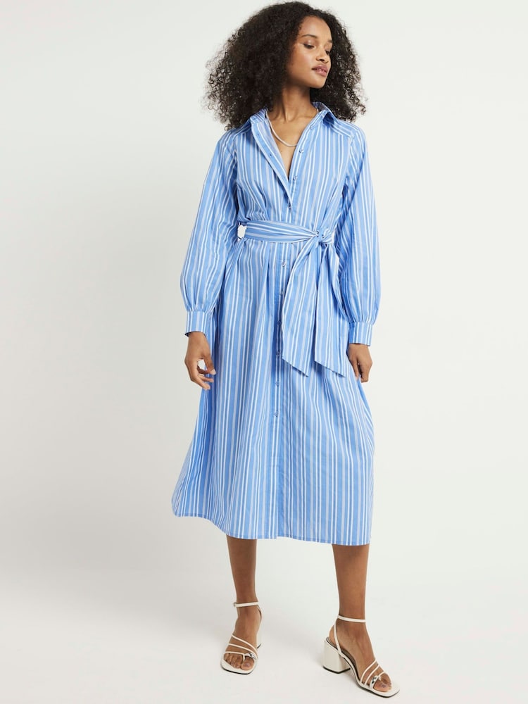 River Island Blue 100% Cotton Balloon Stripe Midi Shirt Dress - Image 1 of 6