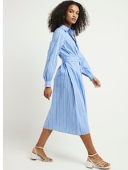 River Island Blue 100% Cotton Balloon Stripe Midi Shirt Dress - Image 2 of 6