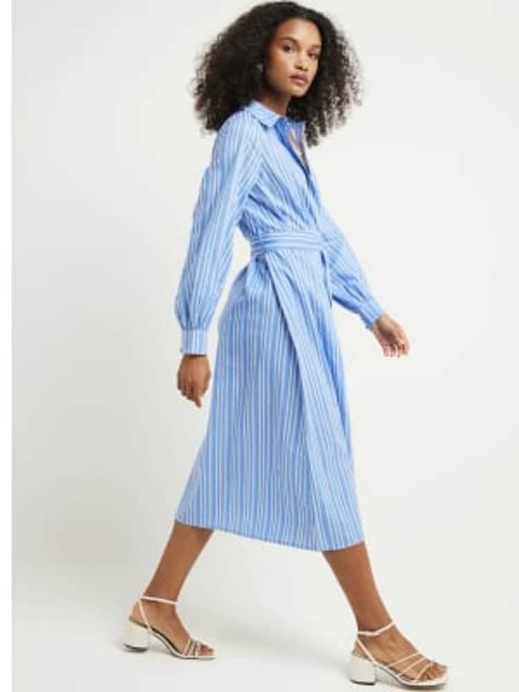 River Island Blue 100% Cotton Balloon Stripe Midi Shirt Dress - Image 2 of 6