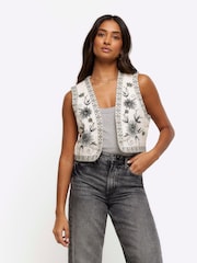 River Island Cream Embroidered Waistcoat - Image 1 of 6