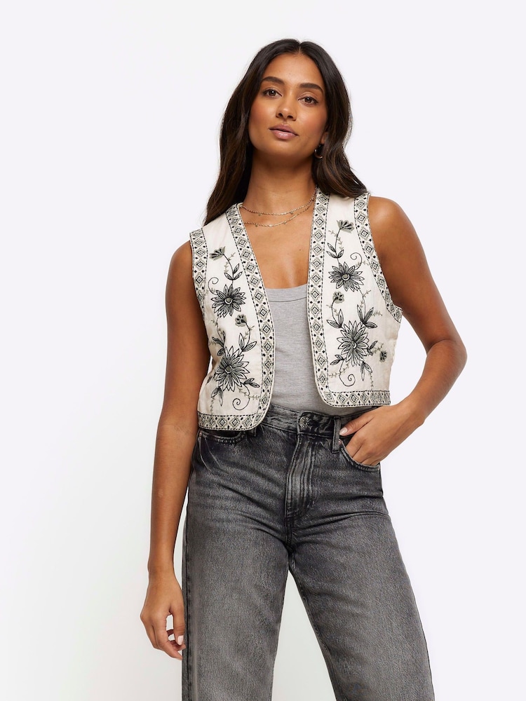 River Island Cream Embroidered Waistcoat - Image 1 of 6