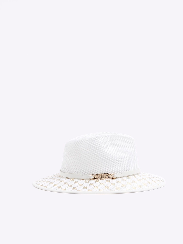 River Island White Metallic Monogram Fedora Hat - Image 1 of 4