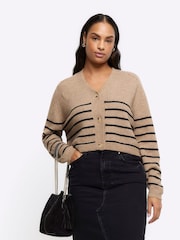 River Island Brown Stripe Button up Cropped Cardigan - Image 1 of 5