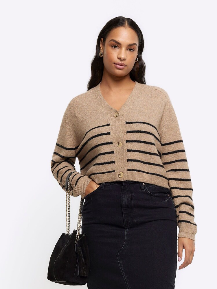 River Island Brown Stripe Button up Cropped Cardigan - Image 1 of 5