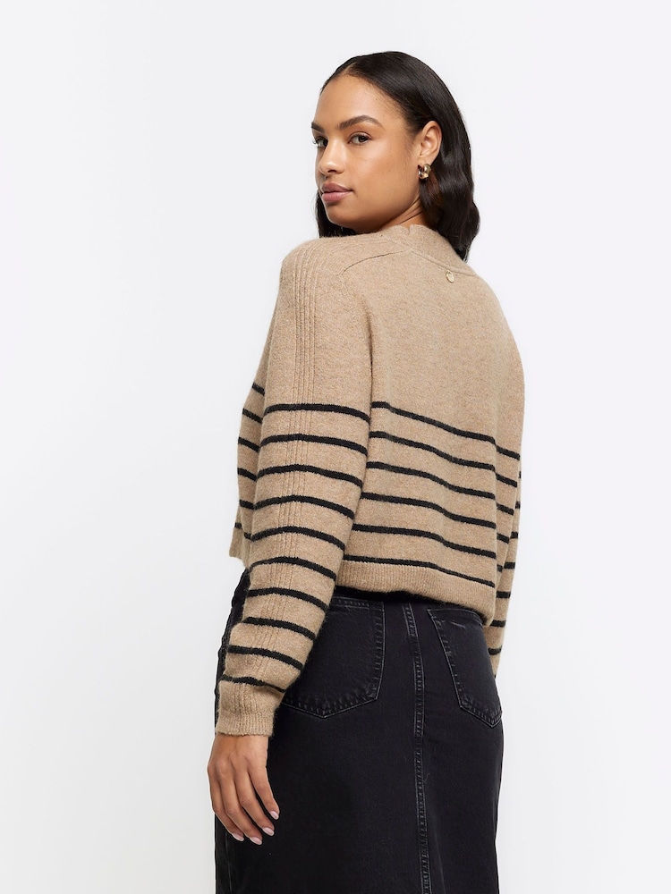 River Island Brown Stripe Button up Cropped Cardigan - Image 2 of 5
