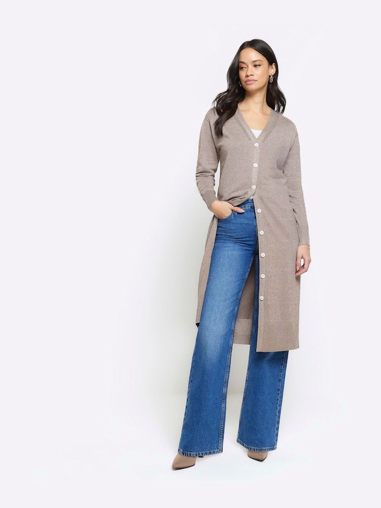 River Island Bronze Shimmer Long Line Button Front Cardigan - Image 1 of 5 River Island Bronze Shimmer Long Line Button Front Cardigan - Image 1 of 5