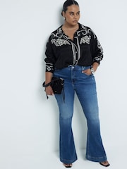 River Island Dark Blue Petite High Rise Tummy Hold Flare Jeans - Image 1 of 6