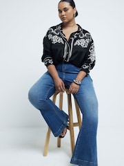 River Island Dark Blue Petite High Rise Tummy Hold Flare Jeans - Image 2 of 6