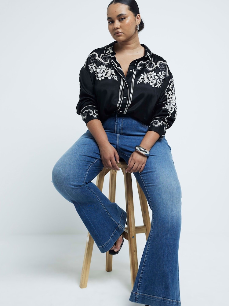 River Island Dark Blue Petite High Rise Tummy Hold Flare Jeans - Image 2 of 6
