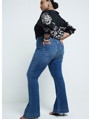 River Island Dark Blue Petite High Rise Tummy Hold Flare Jeans - Image 3 of 6