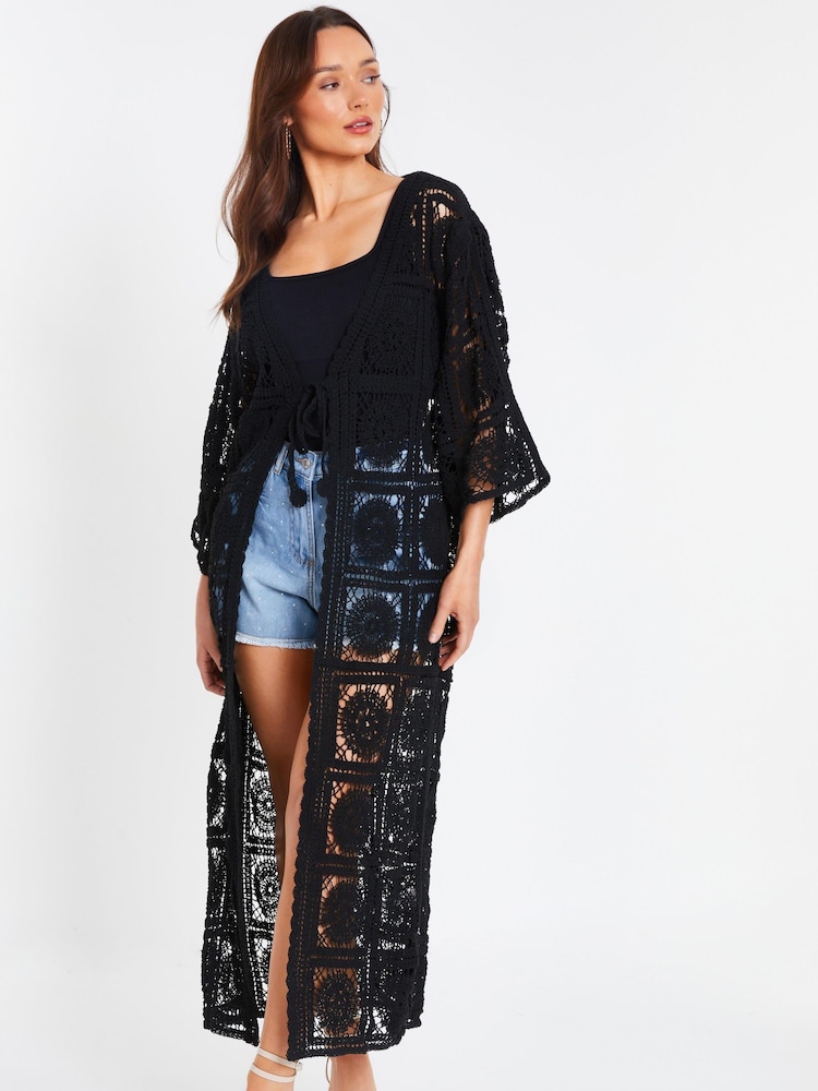 Quiz Black Crochet Maxi Cardigan - Image 1 of 4 Quiz Black Crochet Maxi Cardigan - Image 1 of 4