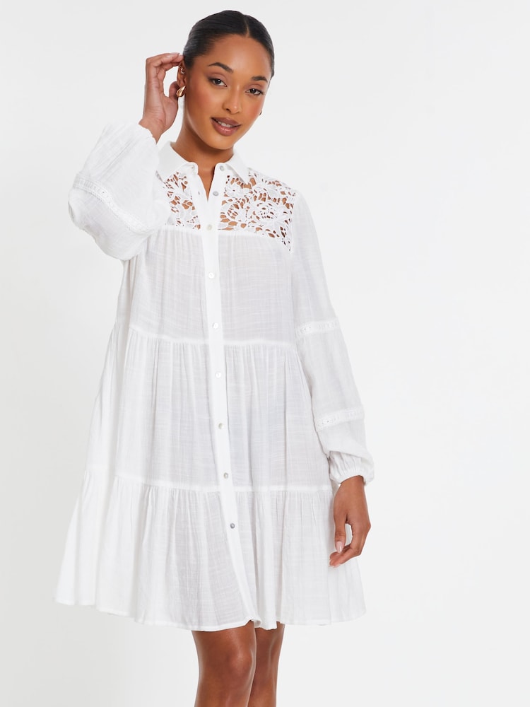 Quiz White Crochet Insert Shirt Dress - Image 1 of 4