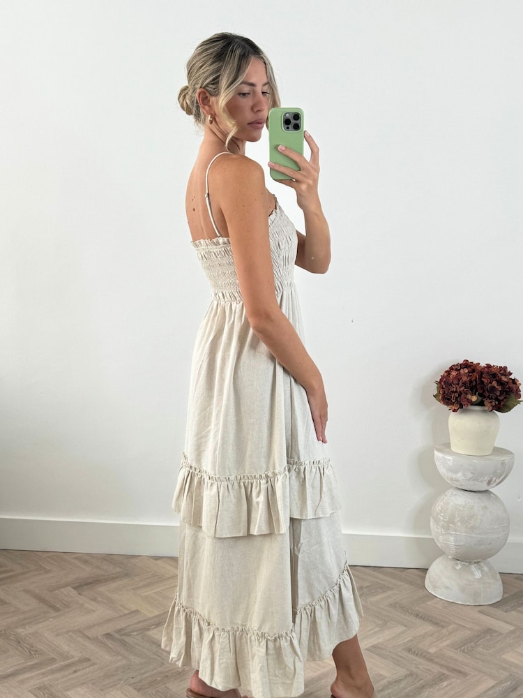 Style Cheat Cream 100% Cotton Ruffle Shirred Bandeau Midi Dress - Image 2 of 4