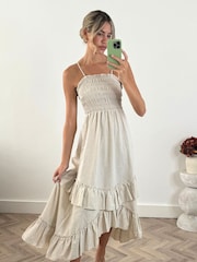 Style Cheat Cream 100% Cotton Ruffle Shirred Bandeau Midi Dress - Image 4 of 4