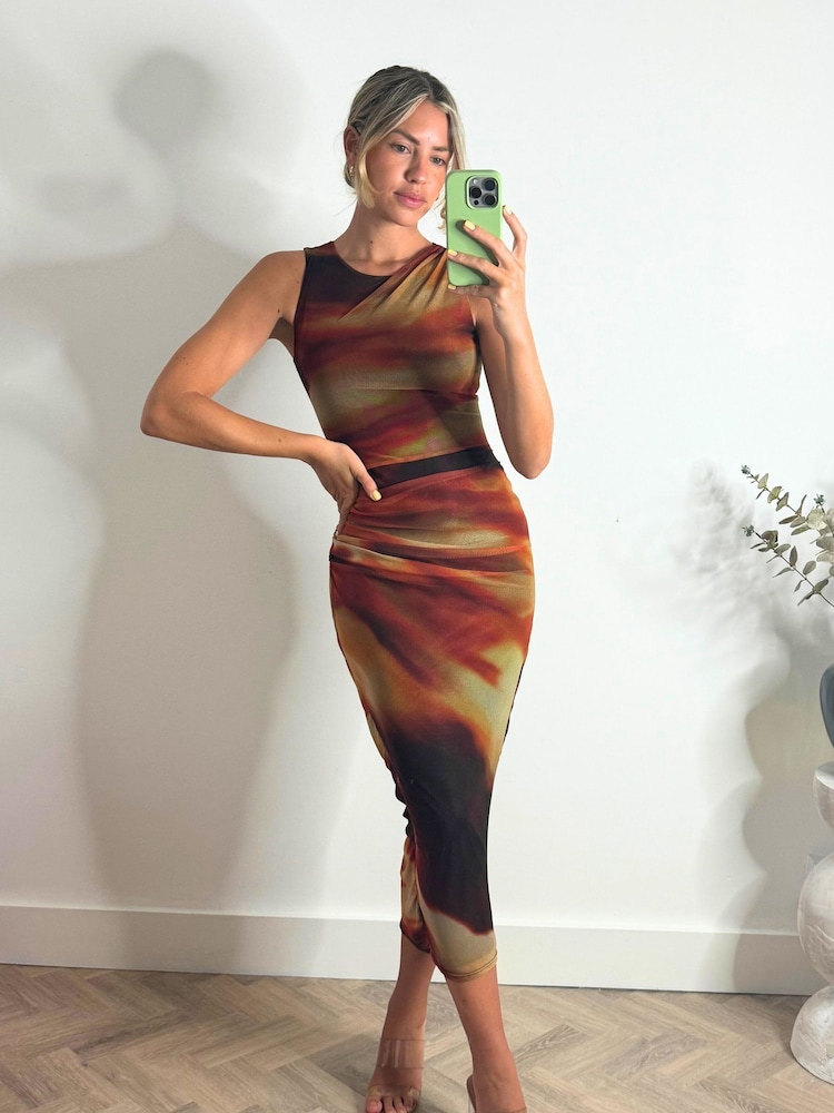 Style Cheat Orange Naya Sleeveless Ruched Mesh Maxi Dress - Image 1 of 4