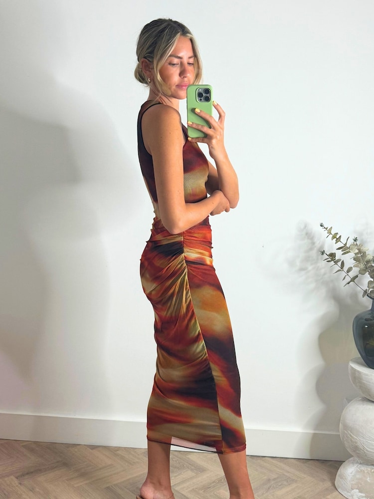 Style Cheat Orange Naya Sleeveless Ruched Mesh Maxi Dress - Image 2 of 4