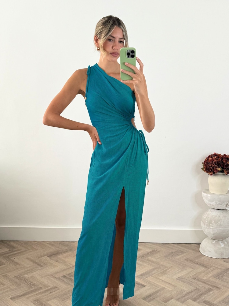 Style Cheat Blue Jovie One Shoulder 100% Linen Maxi Dress - Image 1 of 5