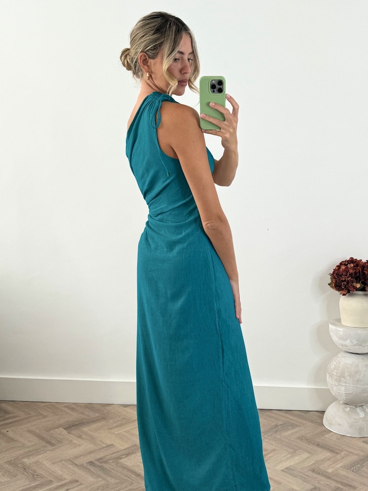 Style Cheat Blue Jovie One Shoulder 100% Linen Maxi Dress - Image 2 of 5 Style Cheat Blue Jovie One Shoulder 100% Linen Maxi Dress - Image 2 of 5
