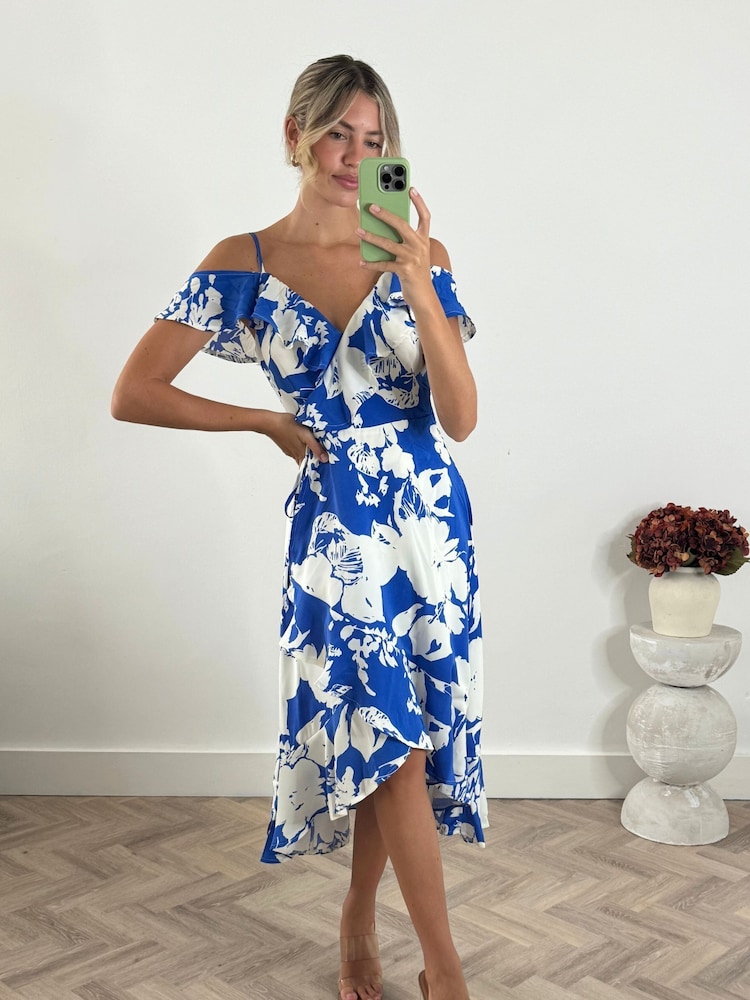 Style Cheat Blue Harri Cold Shoulder Wrap Midi Dress - Image 1 of 5