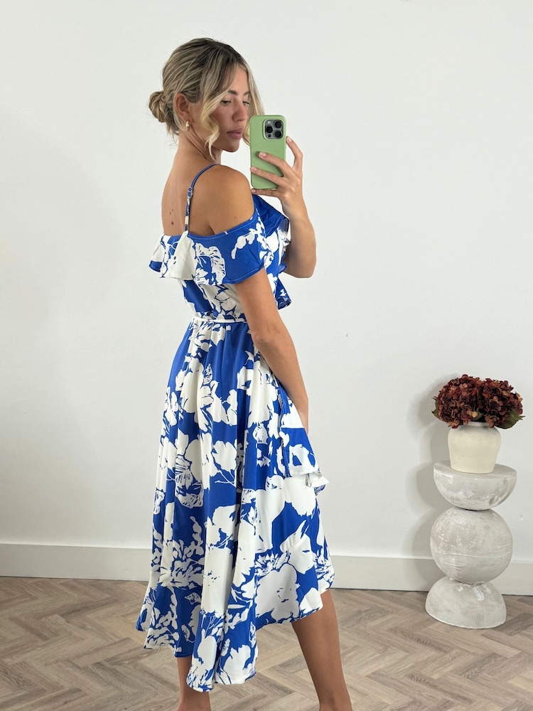 Style Cheat Blue Harri Cold Shoulder Wrap Midi Dress - Image 2 of 5