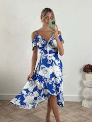 Style Cheat Blue Harri Cold Shoulder Wrap Midi Dress - Image 4 of 5