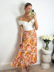 Style Cheat Orange Tropical Floral Demi Belted Pleated Midi Skirt - Image 1 of 4