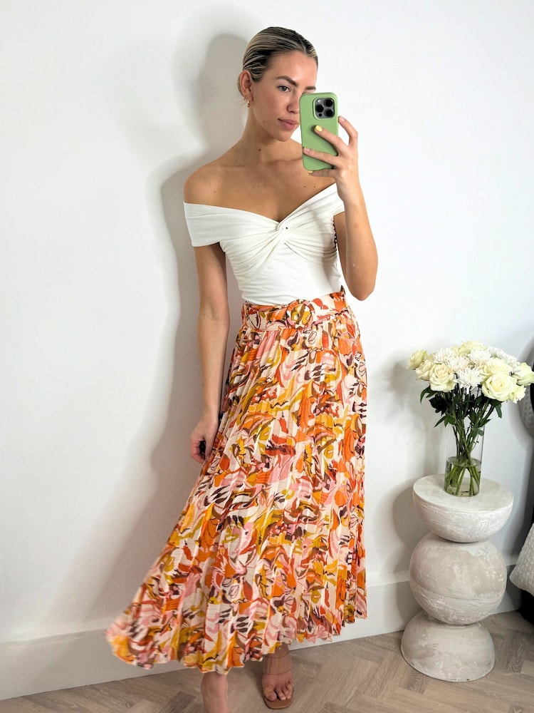 Style Cheat Orange Tropical Floral Demi Belted Pleated Midi Skirt - Image 1 of 4