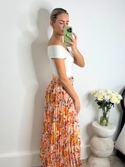 Style Cheat Orange Tropical Floral Demi Belted Pleated Midi Skirt - Image 2 of 4